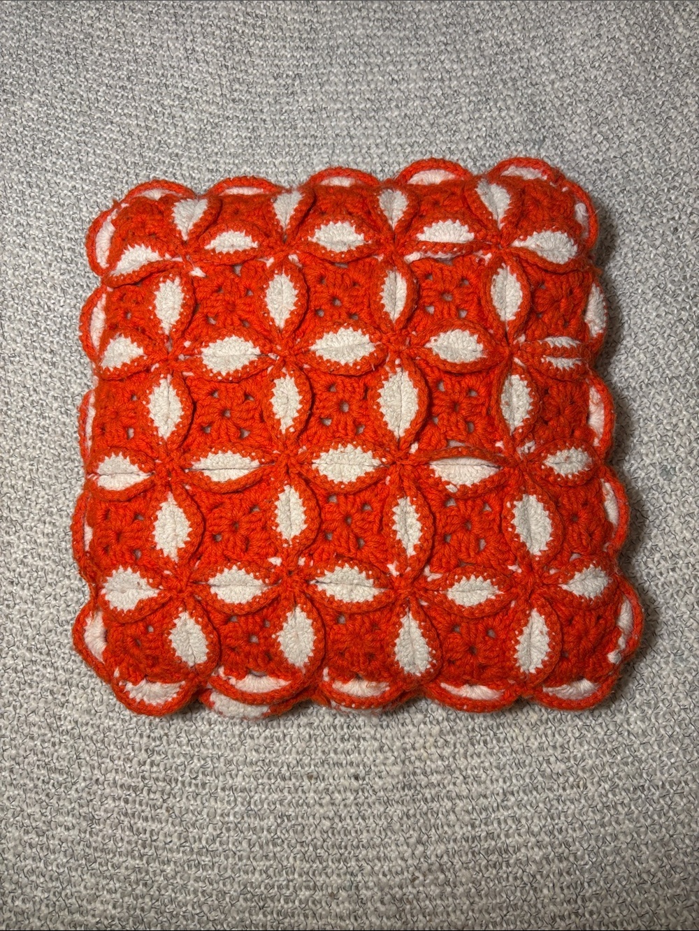 Handmade Crochet Pillow in Orange and White